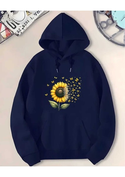 Ayçiçeği Baskılı Kapüşonlu Cepli Içi Yünlü Lacivert Sweatshirt