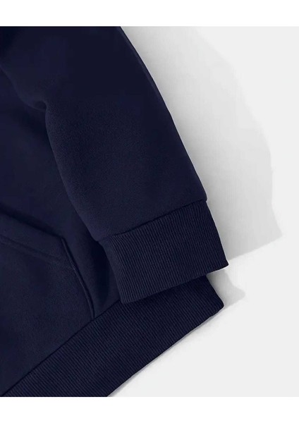 Ayçiçeği Baskılı Kapüşonlu Cepli Içi Yünlü Lacivert Sweatshirt modelleri