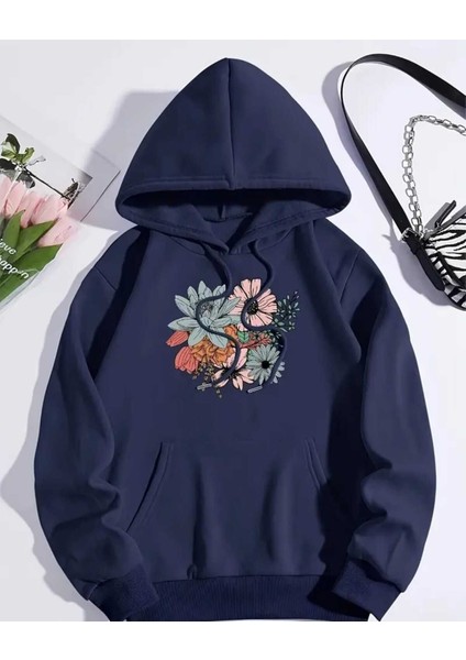 Renkli Çiçekler Baskılı Kapüşonlu Cepli Pamuklu Lacivert Sweatshirt