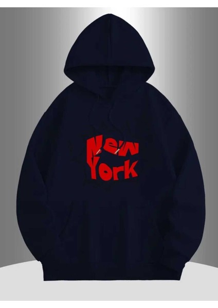New York Pop Baskılı Kapüşonlu Cepli Içi Yünlü Lacivert Sweatshirt