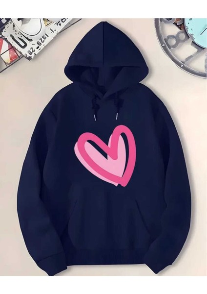 Kalp Fuşya Pembe Baskılı Kapüşonlu Cepli Pamuklu Lacivert Sweatshirt