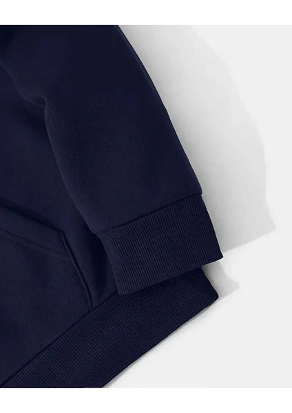 Kalp Fuşya Pembe Baskılı Kapüşonlu Cepli Pamuklu Lacivert Sweatshirt modelleri