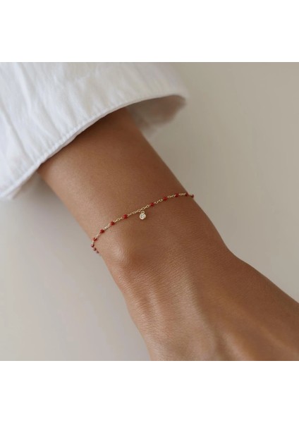 Kırmızı Mineli Minimal Altın Bileklik