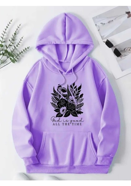 God All The Time Baskılı Kapüşonlu Cepli Pamuklu Lila Sweatshirt