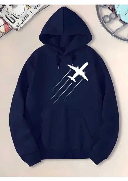 Uçak Baskılı Kapüşonlu Cepli Pamuklu Lacivert Sweatshirt