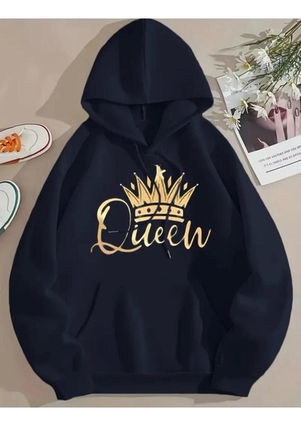 Queew Kraliçe Baskılı 2 Iplik Şardonlu Kapüşonlu Cepli Sweatshirt
