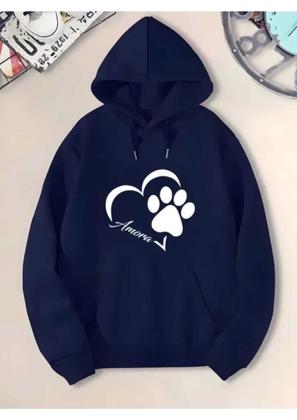 Patili Kalp Baskılı Kapüşonlu Cepli Içi Yünlü Lacivert Sweatshirt