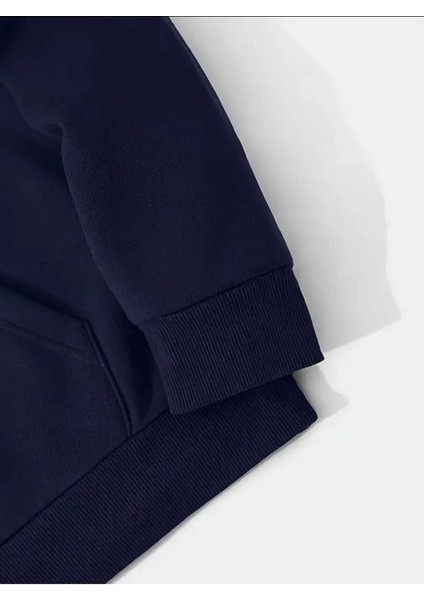 Patili Kalp Baskılı Kapüşonlu Cepli Içi Yünlü Lacivert Sweatshirt modelleri