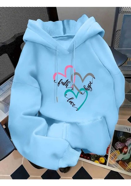 Faith Hope Love Baskılı Kapüşonlu Cepli Içi Yünlü Mavi Sweatshirt