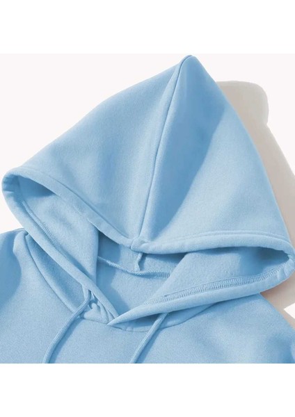 Faith Hope Love Baskılı Kapüşonlu Cepli Içi Yünlü Mavi Sweatshirt modelleri