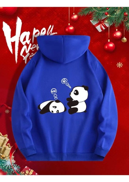 Sevimli Pandalar Ön ve Arkası Baskılı Kapüşonlu Cepli Içi Yünlü Saks Sweatshirt fiyatları