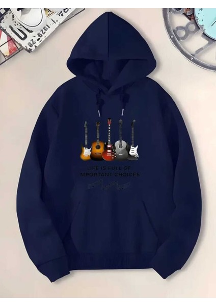 Gitar Enstrüman Baskılı Kapüşonlu Cepli Içi Yünlü Lacivert Sweatshirt