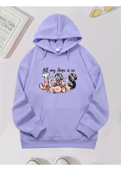 Jesus Çiçekli Desen 2 Iplik Şardonlu Kapüşonlu Cepli Sweatshirt