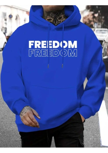 Freedom Mirror Baskılı Kapüşonlu Cepli Içi Yünlü Saks Sweatshirt