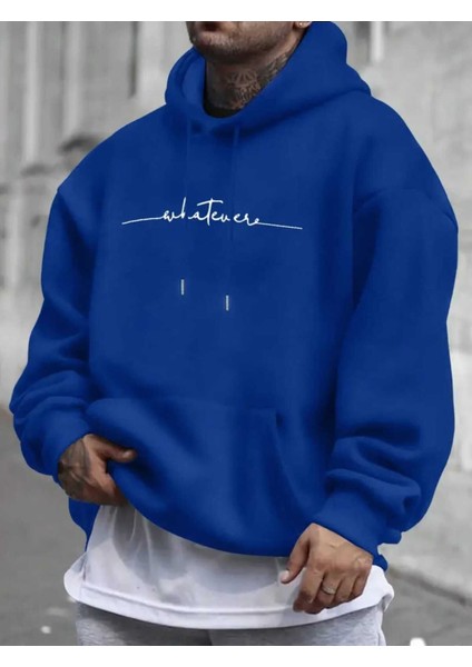 Whatever Baskılı Kapüşonlu Cepli Pamuklu Saks Sweatshirt