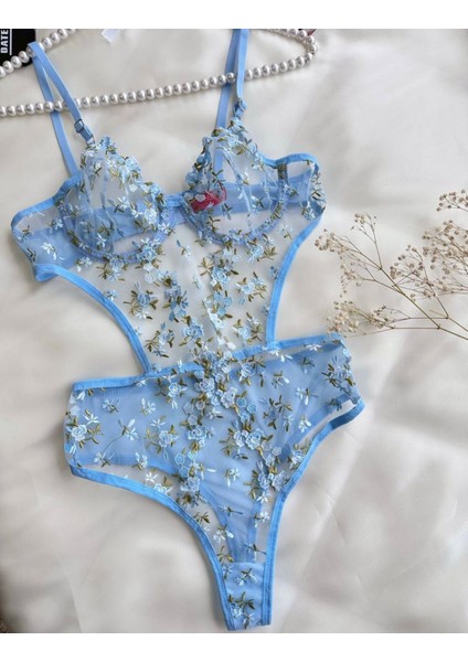 Kadın Mavi Çiçekli Transparan Bodysuit Iç Çamaşır Takımı fiyatları