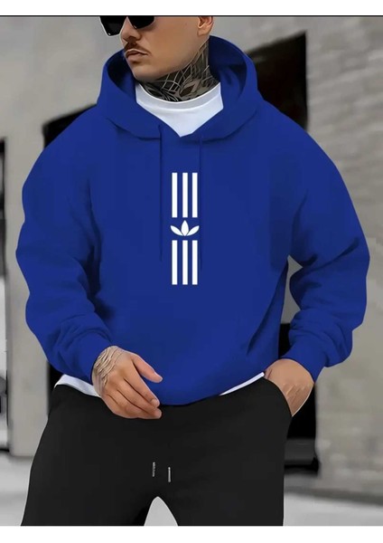 Dik Üç Çizgi Baskılı Kapüşonlu Cepli Pamuklu Saks Sweatshirt