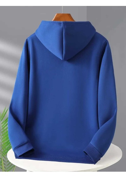 Dik Üç Çizgi Baskılı Kapüşonlu Cepli Pamuklu Saks Sweatshirt fiyatları