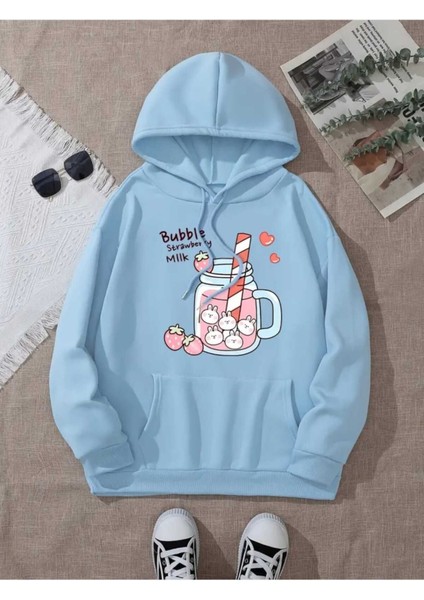 Bubble Milk Baskılı Kapüşonlu Cepli Içi Yünlü Mavi Sweatshirt