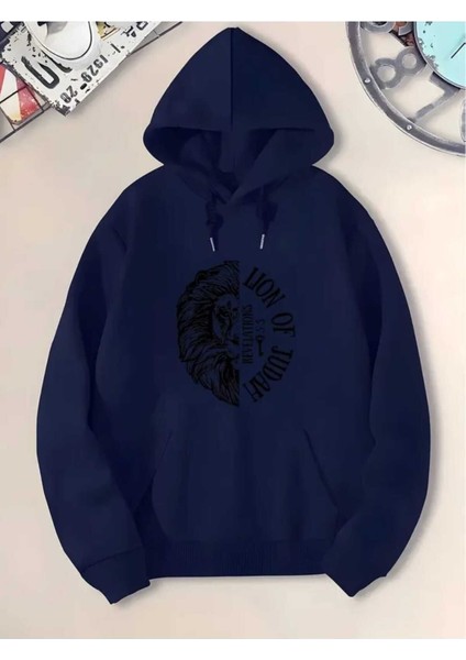 Yarım Aslan Yüzü Baskılı Kapüşonlu Cepli Pamuklu Lacivert Sweatshirt