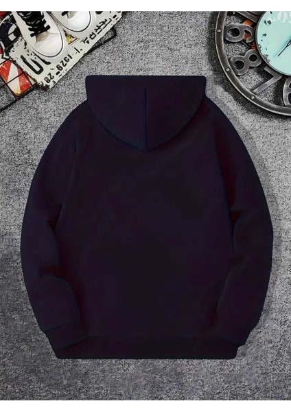 Yarım Aslan Yüzü Baskılı Kapüşonlu Cepli Pamuklu Lacivert Sweatshirt fiyatları