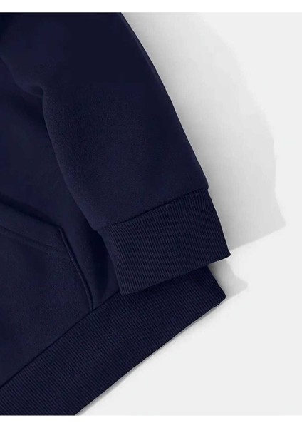 Yarım Aslan Yüzü Baskılı Kapüşonlu Cepli Pamuklu Lacivert Sweatshirt modelleri