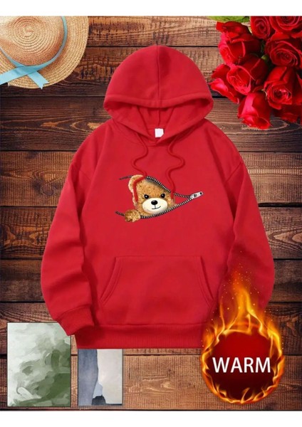 Fermuar Desenli Kedili Kapüşonlu Oversize Sweatshirt