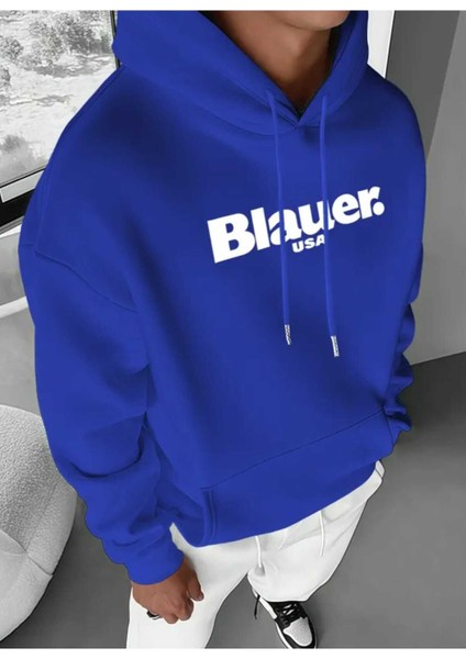 Blauer Usa Baskılı Kapüşonlu Cepli Pamuklu Saks Sweatshirt