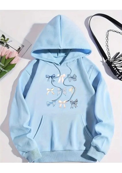 Mavi ve Beyaz Kurdeleler Baskılı Kapüşonlu Cepli Pamuklu Mavi Sweatshirt