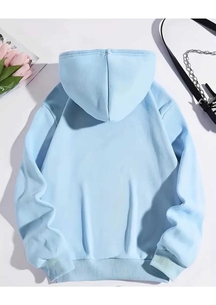 Mavi ve Beyaz Kurdeleler Baskılı Kapüşonlu Cepli Pamuklu Mavi Sweatshirt fiyatları