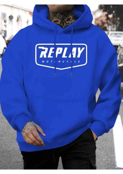 Replay Motorcycle Baskılı Kapüşonlu Cepli Pamuklu Saks Sweatshirt