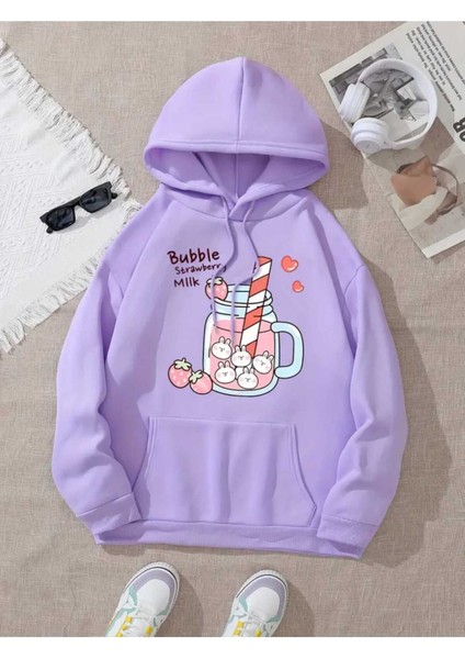 Bubble Milk Baskılı Kapüşonlu Cepli Içi Yünlü Lila Sweatshirt