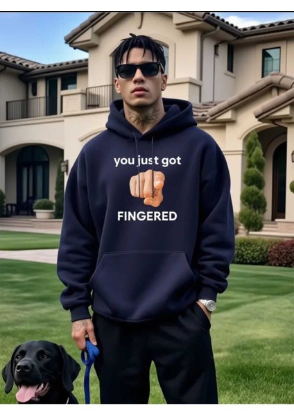 Fingered Baskılı Kapüşonlu Cepli Pamuklu Lacivert Sweatshirt