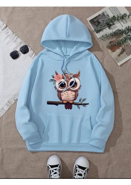 Sevimli Baykuş Baskılı Kapüşonlu Cepli 2 Iplik Şardonlu Sweatshirt