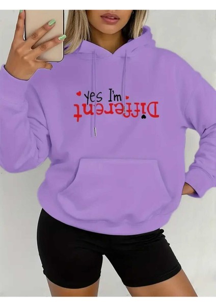 I'm Different Baskılı Kapüşonlu Cepli Pamuklu Lila Sweatshirt