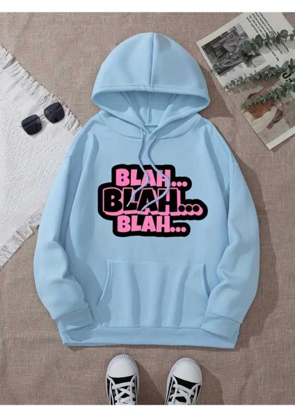 Blah Blah Blah Baskılı Kapüşonlu Cepli Içi Yünlü Mavi Sweatshirt