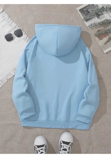 Blah Blah Blah Baskılı Kapüşonlu Cepli Içi Yünlü Mavi Sweatshirt fiyatları