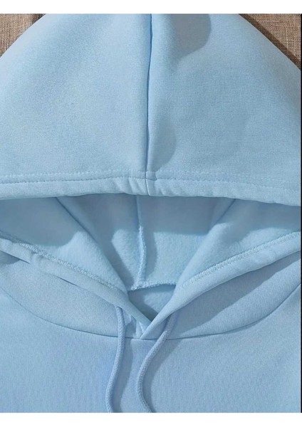 Blah Blah Blah Baskılı Kapüşonlu Cepli Içi Yünlü Mavi Sweatshirt modelleri