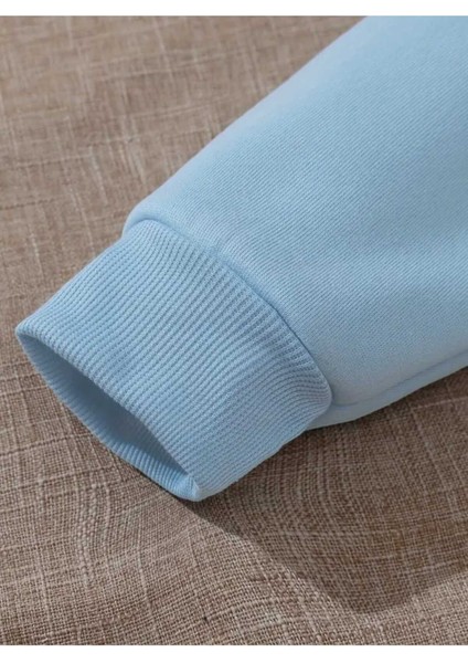 Blah Blah Blah Baskılı Kapüşonlu Cepli Içi Yünlü Mavi Sweatshirt fırsatları