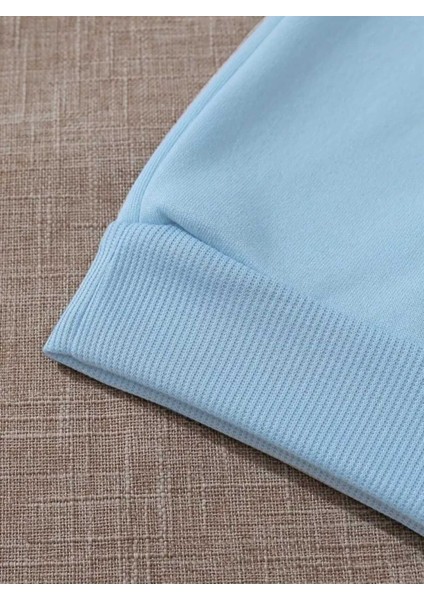 Blah Blah Blah Baskılı Kapüşonlu Cepli Içi Yünlü Mavi Sweatshirt indirimleri