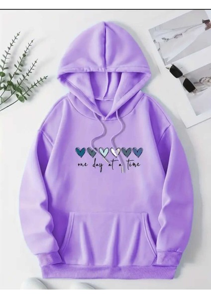 One Day At Time Baskılı Kapüşonlu Cepli Pamuklu Lila Sweatshirt