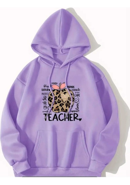 Teacher Baskılı Kaoüşonlu Cepli Pamuklu Lila Sweatshirt
