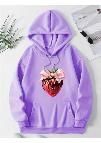 Çilek Kurdele Baskılı Kapüşonlu Cepli Içi Yünlü Lila Sweatshirt