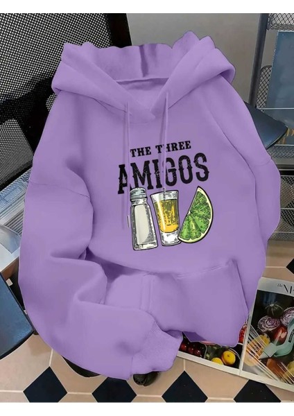 The Three Amigos Baskılı Kapüşonlu Cepli Pamuklu Lila Sweatshirt