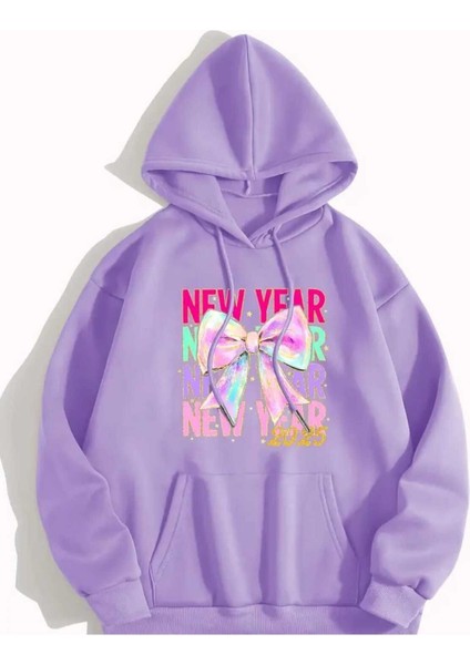 New Year 2025 Baskılı Kapüşonlu Cepli Pamuklu Lila Sweatshirt