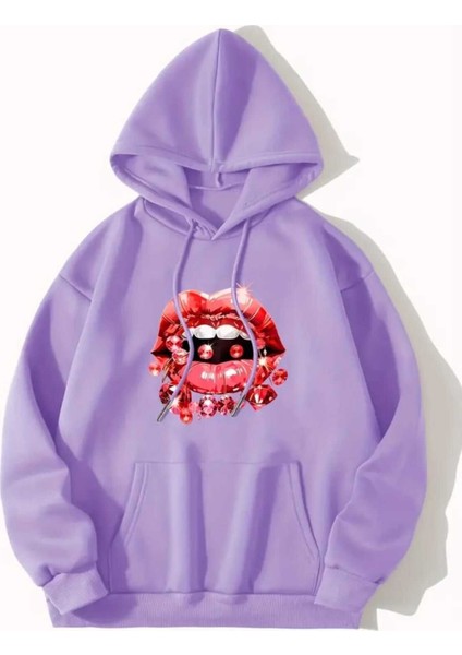 Elmaslı Dudak Baskılı Kapüşonlu Cepli Pamuklu Lila Sweatshirt