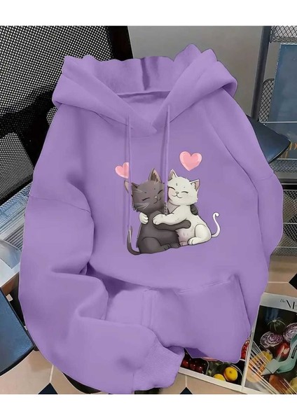 Couple Cat Baskılı Kapüşonlu Cepli Pamuklu Lila Sweatshirt