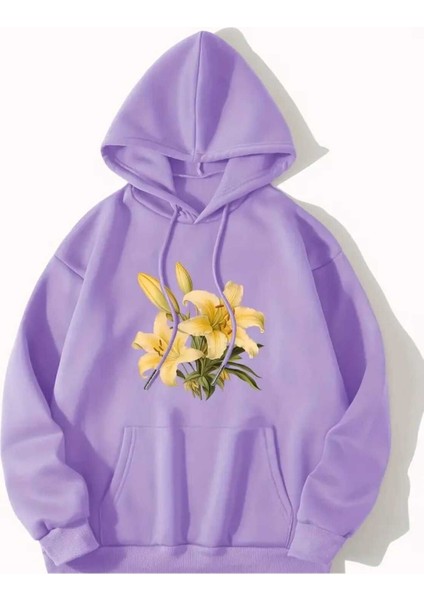 Sarı Zambak Baskılı Kapüşonlu Cepli Pamuklu Lila Sweathirt
