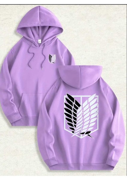 Aot Keşif Birliği Arka Göğüs Baskılı Kapüşonlu Cepli Içi Yünlü Lila Sweatshirt