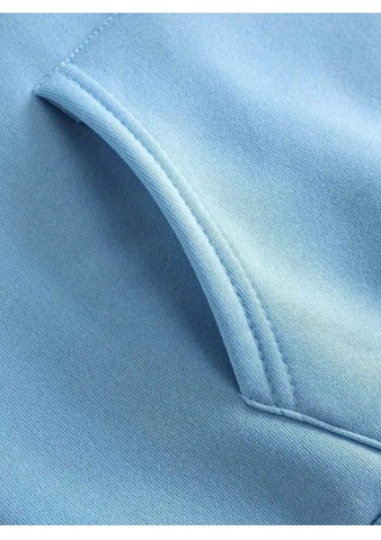 Gülümseyen Yüz Göğüs Baskılı Kapüşonlu Cepli Içi Yünlü Mavi Sweatshirt indirimleri